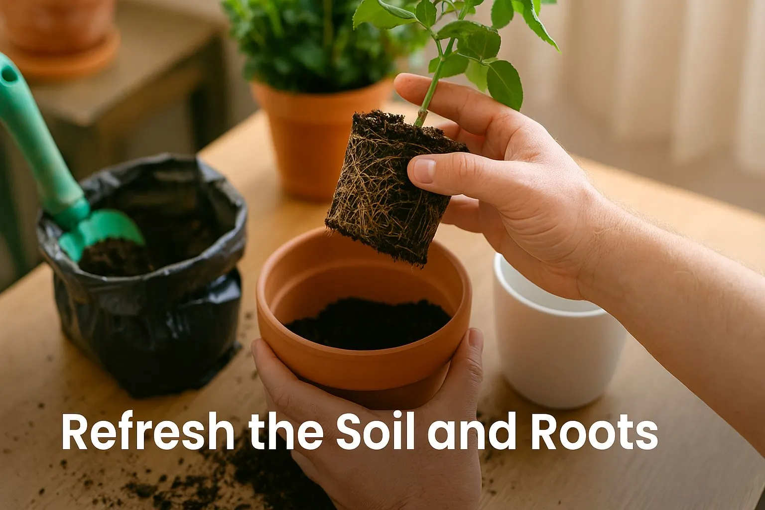 How to refresh the soil and roots of a dying plant by repotting with fresh potting mix and proper root care